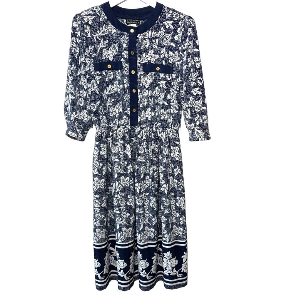 Vintage Breli Blue and White Dress Floral Gold USA 10 80s Shirtdress Midi
